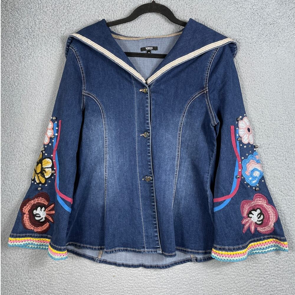 Tesoro Moda Dark Blue Flower Embellished Denim Jacket Womens Size 10